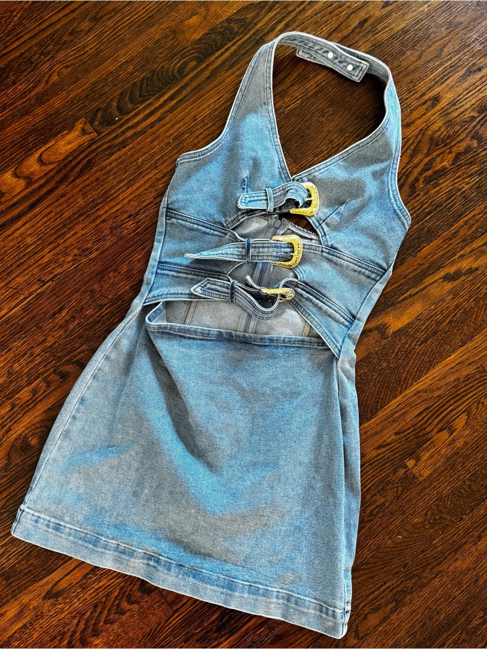 Commense Blue Denim Mini Dress with Western  Buckles